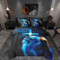 Manfei Wildlife Lion 7-Piece Twin Bedding Sets,Black Blue Bedding Comforter Set,Christian Cross Breathable Sheet Sets,Super Cozy Animal Bedroom Decorative,Reversible