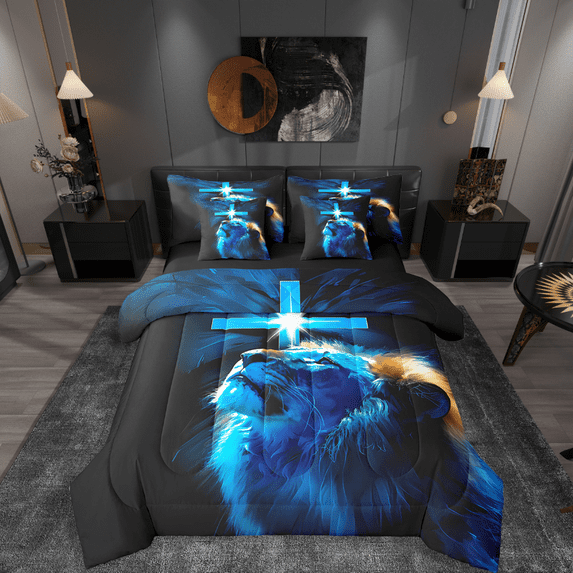 Manfei Wildlife Lion 7-Piece Twin Bedding Sets,Black Blue Bedding Comforter Set,Christian Cross Breathable Sheet Sets,Super Cozy Animal Bedroom Decorative,Reversible