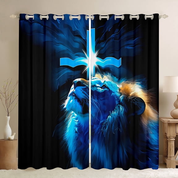 Manfei Wildlife Lion Black Out Curtains,Black Blue Curtains Pack of 2 (42x63 Each),Christian Cross Bedroom Curtains,Super Cozy Animal Bedroom Decorative