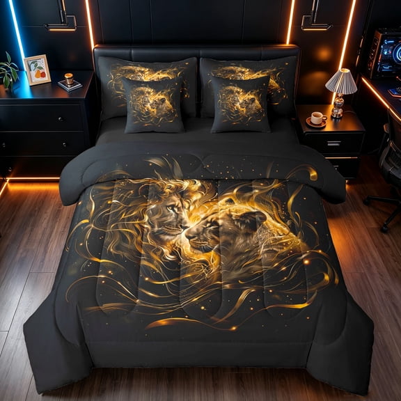 Manfei Wildlife Lion Full Size Bedding Sets, Romantic Valentine's Day Full Size Bed in a Bag, Black Brown, Black Reversible, 7-Piece