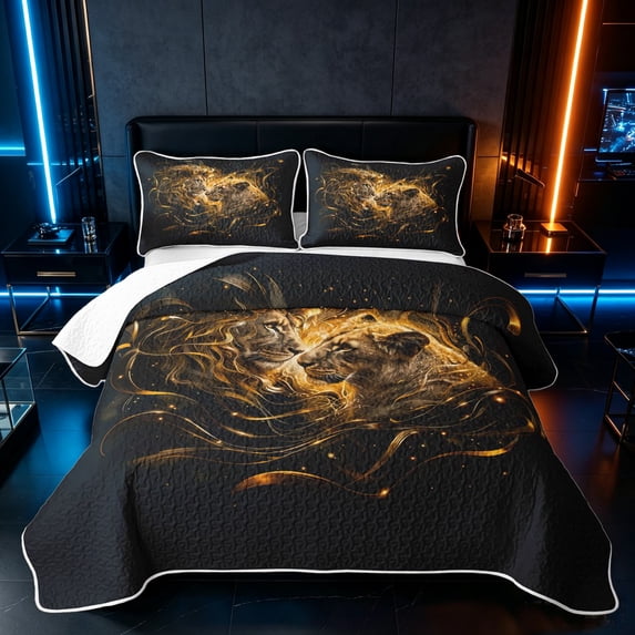 Manfei Wildlife Lion Quilt King, Romantic Valentine's Day King Coverlet Set, Black Brown, Black Reversible, 3-Piece, 1 Bedspread and 2 Pillowcases