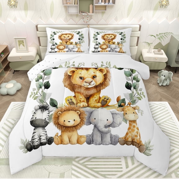 Manfei Wildlife Lions Bedding Comforter Set,Jungle Zebra Lions Twin Comforter Sets,Kawaii Elephant Giraffe Bedding Set For Men Women,Super Cozy Room Decor Reversible,2pcs
