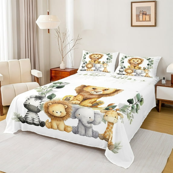 Manfei Wildlife Lions Twin Sheet Sets,Jungle Zebra Lions Twin Fitted Sheet,Kawaii Elephant Giraffe Flat Sheet For Men Women,Super Cozy Room Decor,3pcs