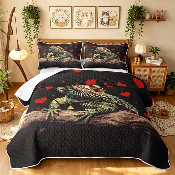 Manfei Wildlife Lizard Quilt King, Cartoon Love Heart King Coverlet Set, Black Brown, Black Reversible, 3 Pieces, 1 Bedspread and 2 Pillowcases