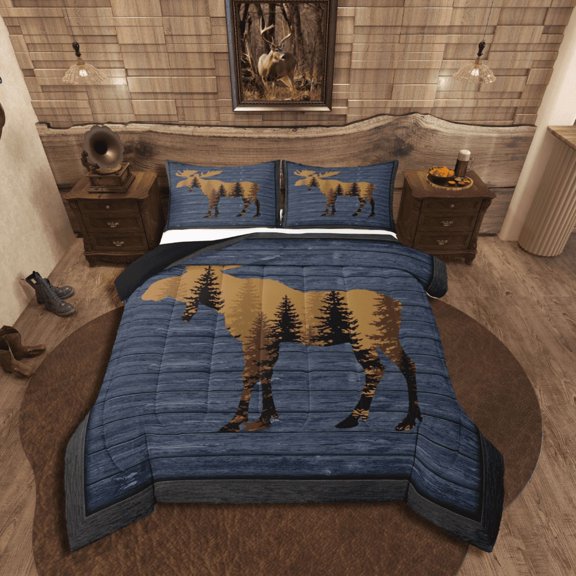 Manfei Wildlife Moose 2pcs Bedding Comforter Set,Blue Brown Twin Comforter Sets,Rustic Cabin Bedding Set,Microfiber Animal Room Decoration,Reversible