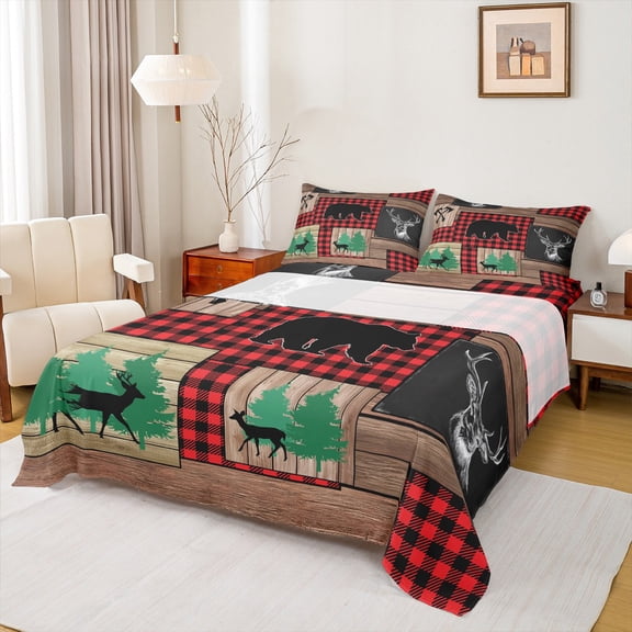 Manfei Wildlife Moose Bear Bed Sheets for Men, Rustic Farmhouse Cabin King Sheets, Buffalo Plaid Patchwork Sheet Set, Lightweight Room Decor, 4-Piece