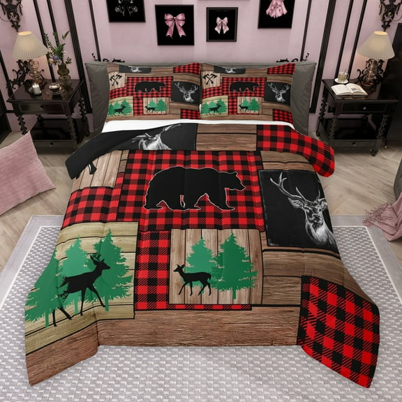 Manfei Wildlife Moose Bear Bedding Comforter Set for Men, Rustic Farmhouse Cabin Twin Comforter Sets, Buffalo Plaid Patchwork Reversible Bedding Set, Lightweight Room Decor, 2-Piece