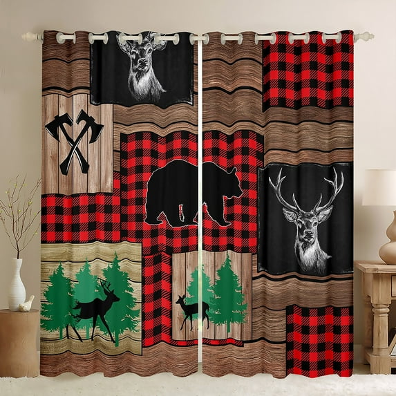 Manfei Wildlife Moose Bear Black Out Curtains for Men, Rustic Farmhouse Cabin Curtains Pack of 2 (42x63 Each), Buffalo Plaid Patchwork Bedroom Curtains, Curtains and Drapes Decor