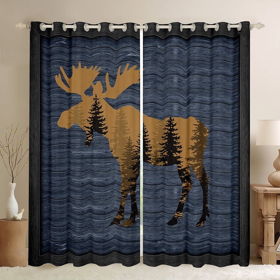 Manfei Wildlife Moose Black Out Curtains,Blue Brown Curtains Pack of 2 (42x63 Each),Rustic Cabin Bedroom Curtains,Animal Room Decoration