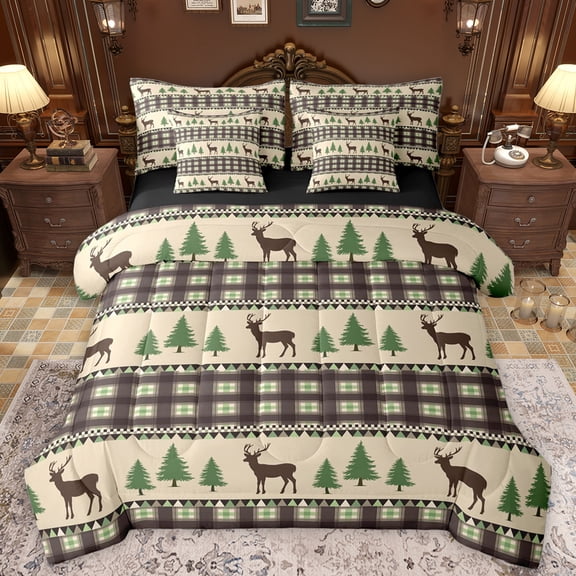 Manfei Wildlife Moose Deer Twin Bedding Sets 7-Piece for Kids, Jungle Pine Tree Bedding Comforter Set, Retro Rustic Plaid Reversible Sheet Sets, Lightweight Room Decor