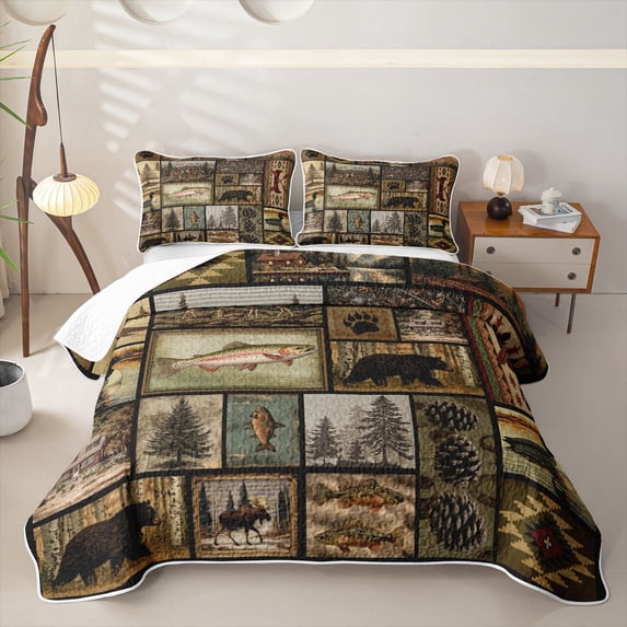 Manfei Wildlife Patch Bed Spread Queen,Geometric Grid Queen Coverlet Set,Green,3pcs