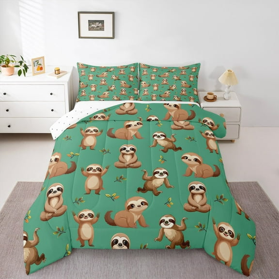Manfei Wildlife Sloth 2pcs Bedding Comforter Set,Green Brown Twin Comforter Sets,Cartoon Animal Bedding Set,Microfiber Kawaii Bedroom Decoration,Reversible