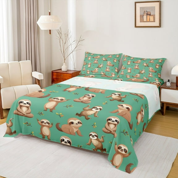 Manfei Wildlife Sloth 3pcs Twin Sheet Sets,Green Brown Twin Fitted Sheet,Cartoon Animal Breathable Flat Sheet,Kawaii Bedroom Decoration