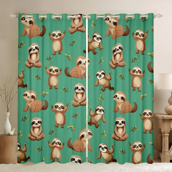 Manfei Wildlife Sloth Curtains Pack of 2 (42x84 Each),Green Brown Curtains Blackout,Cartoon Animal Bedroom Curtains,Kawaii Bedroom Decoration