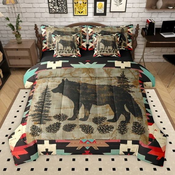 Manfei Wildlife Wolf 7-Piece Bedding Comforter Set for Boys Girls,Tribal Aztec King Bedding Sets,Jungle Animal Ultra Soft Bed Sheets,Lightweight Room Decor,Reversible