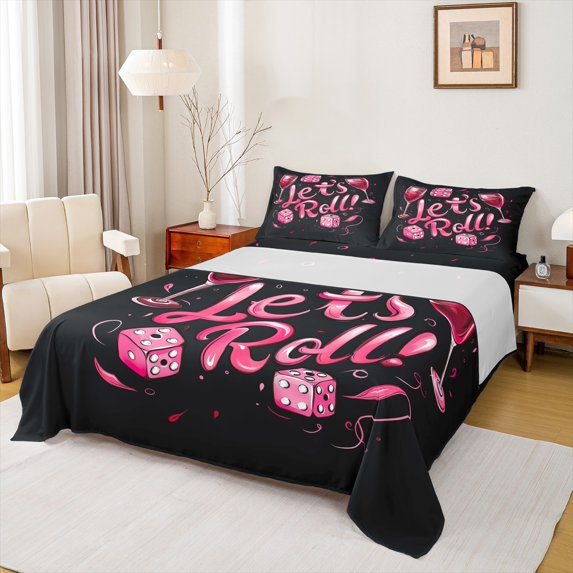 Manfei Wine Glass 3pcs Twin Sheet Sets,Cocktail Dice Twin Fitted Sheet,Black Pink Breathable Flat Sheet,Ultra Soft Cartoon Room Decoration