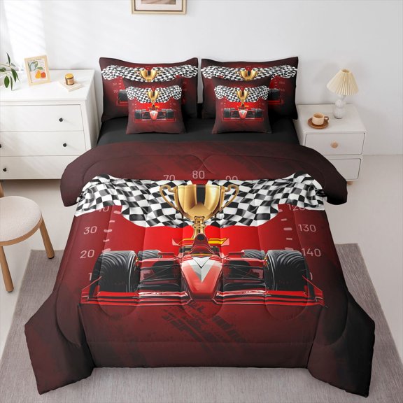 Manfei Winner Trophy 7pcs Queen Bedding,Checkered Racing Flags Bedding Comforter Set Queen,Black Red,Black Reversible