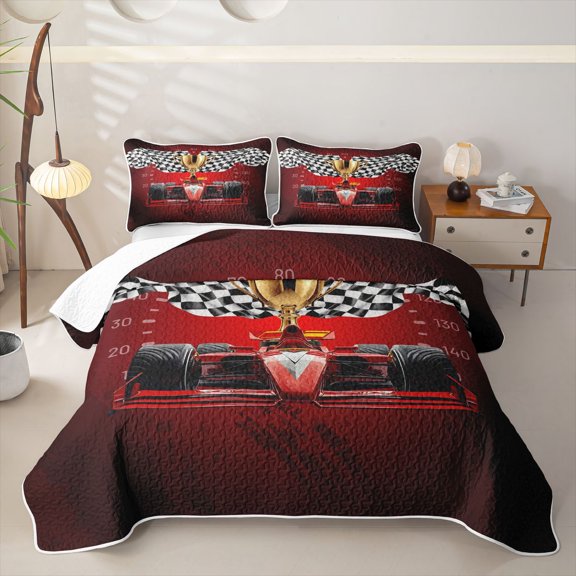 Manfei Winner Trophy Bed Spread Queen,Checkered Racing Flags Queen Coverlet Set,Black Red,3-Piece