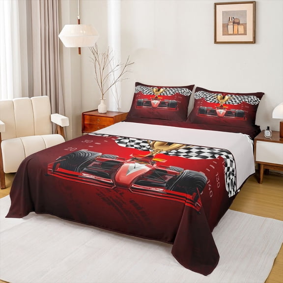 Manfei Winner Trophy Queen Sheets,Checkered Racing Flags Queen Sheet Sets,Black Red,4 Pieces,1 Flat Sheet, 1 Fitted Sheet and 2 Pillowcases