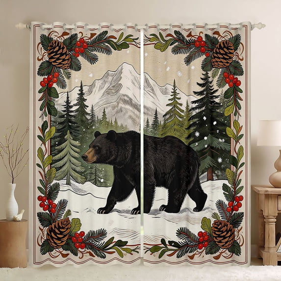 Manfei Winter Bear Kitchen Curtains,Wild Woodland Print Black Out Curtains Pack of 2 (42x63 Each),Green