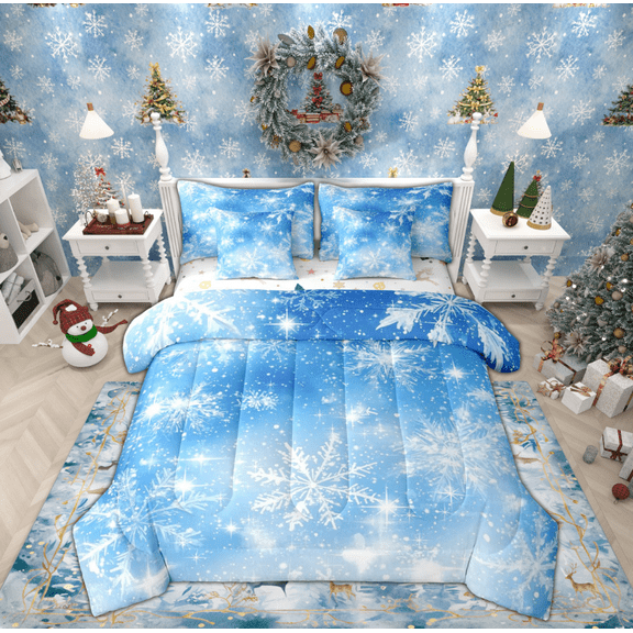 Manfei Winter Blue Snowflake Bedding Comforter Set 7pcs for Kids, Dreamy Fairy Tale Queen Bedding Sets, Happy Christmas Reversible Queen Sheet Sets, Ultra Soft Home Decor