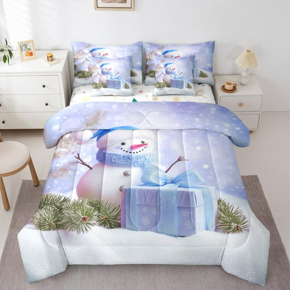 Manfei Winter Blue Snowman Bedding Comforter Set 7pcs, Merry Christmas Queen Bedding Sets, Western Festival Holiday Reversible Queen Sheet Sets, Breathable Home Decor