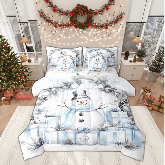 Manfei Winter Blue Snowman Bedding Comforter Set 7pcs, Merry Christmas Queen Bedding Sets, Western Festival Holiday Reversible Queen Sheet Sets, Super Cozy Room Decor