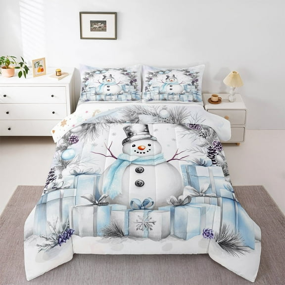 Manfei Winter Blue Snowman Queen Comforter Set, Merry Christmas Bedding Sets, Western Festival Holiday Reversible Bedding Comforter Set, Super Cozy Room Decor, 3-Piece