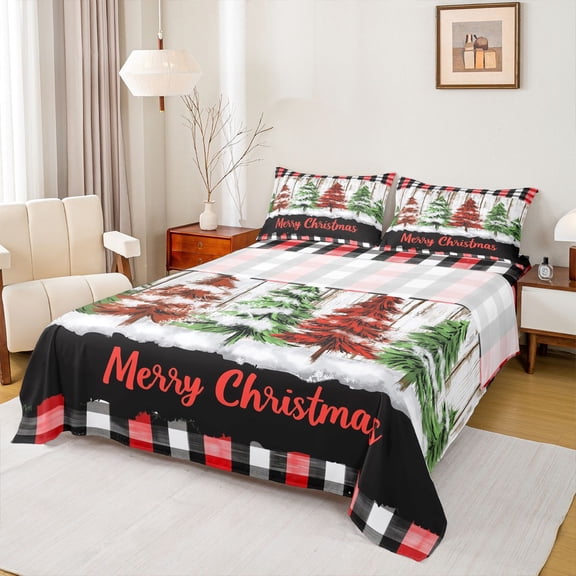 Homewish Winter Christmas Tree Queen Sheet Set, Happy New Year Theme Bedding, 4pcs