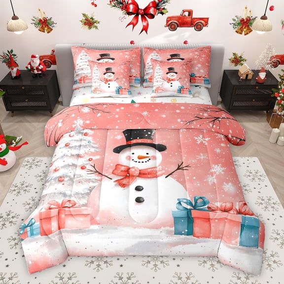Homewish Winter Cute Snowman Bedding Comforter Set 7pcs, Orange Cartoon Christmas King Bedding Sets, Teens Kids Girls Boys Reversible Bed Sheets, Breathable Home Decor