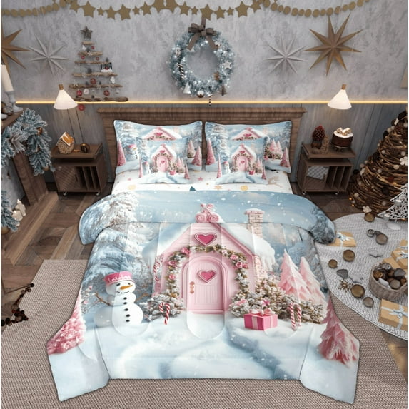 Manfei Winter Cute Snowman Bedding Comforter Set 7pcs for Teen, Merry Christmas Queen Bedding Sets, Princess Pink Castle Reversible Queen Sheet Sets, Lightweight Room Decor