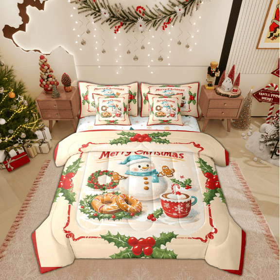 Manfei Winter Cute Snowman Twin Bedding Sets 7-Piece for Kids, Poinsettia Floral Plant Bedding Comforter Set, Merry Christmas Reversible Sheet Sets, Lightweight Room Decor