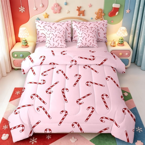 Manfei Winter Holiday 7-Piece King Bedding,Festive Xmas Pink Christmas King Bed in a Bag,Pink Reversible