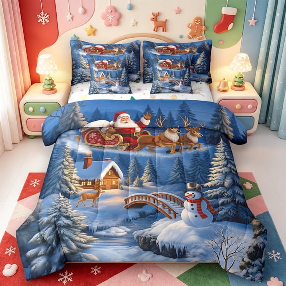 Manfei Winter Holiday 7-Piece Twin Bedding,Bright Christmas Animal Cow Bedding Comforter Set,Xmas Reversible