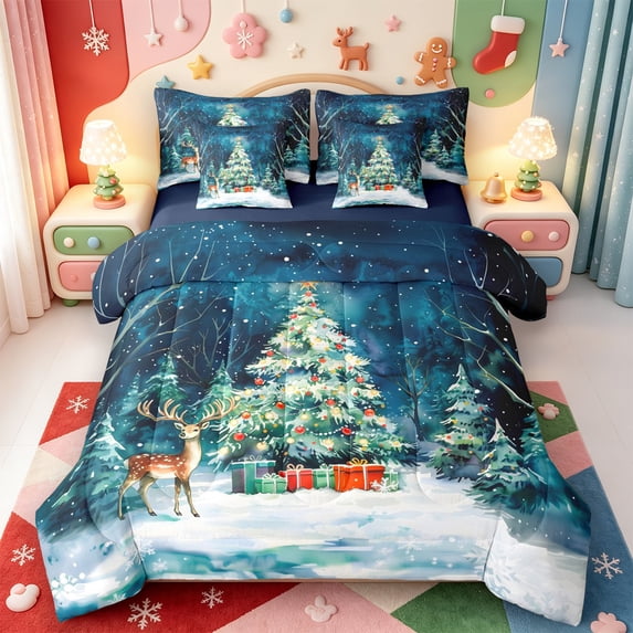 Manfei Winter Holiday 7-Piece Twin Bedding,Cute Christmas Ball Bedding Comforter Set,Navy Blue Reversible