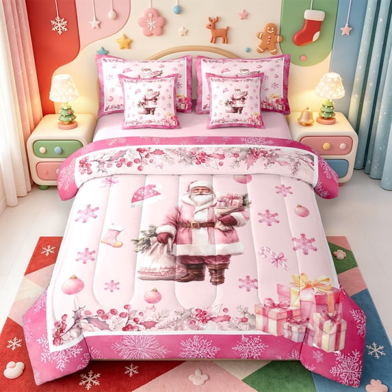Manfei Winter Holiday 7-Piece Twin Bedding,Golden Xmas Pink Christmas Bedding Comforter Set,Pink Reversible