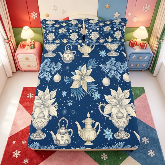 Manfei Winter Holiday Fitted Sheet Full,Cartoon Christmas Elf Bed Set,3pcs,1 Fitted Sheet and 2 Pillowcases