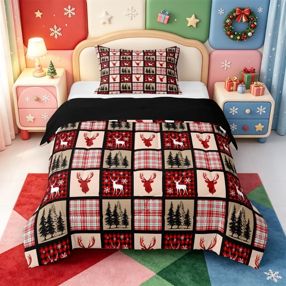 Manfei Winter Holiday Twin Comforter Sets,Kawaii Christmas Animals Bedding Set,Black Reversible,2-Piece,1 Comforter and 1 Pillowcase