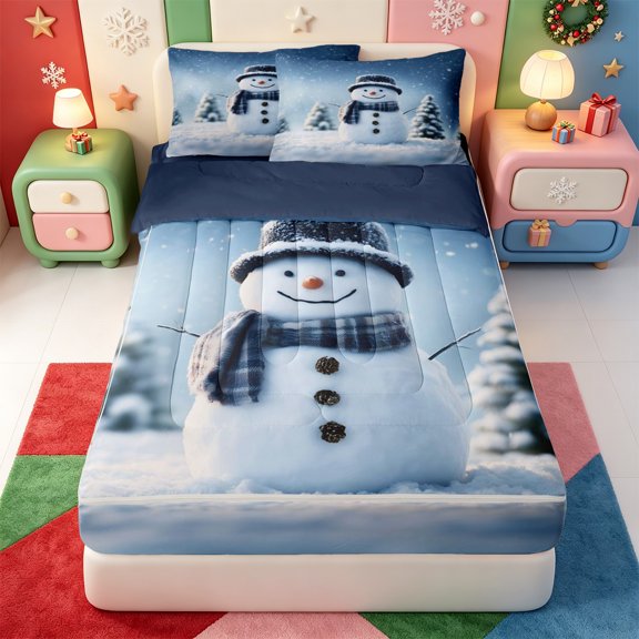 Manfei Winter Holiday Zipper Twin Comforter Sets with Fitted Sheet and 2 Pillowcases,Cartoon Xmas Christmas Tree Zipper Bedding Set,Navy Blue Reversible,4pcs