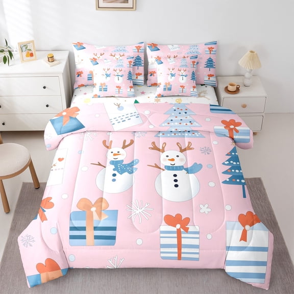 Manfei Winter Pink Snowman Bedding Comforter Set 7-Piece, Merry Christmas King Bedding Sets, Western Festival Holiday Reversible Bed Sheets, Luxury Bedroom Decor