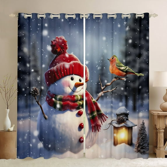 Manfei Winter Pink Snowman Curtains Pack of 2 (42x84 Each), Christmas Bird Robin Curtains Blackout, Festival Holiday Bedroom Curtains, Curtains and Drapes Bedroom Decor
