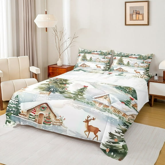Manfei Winter Rustic Reindeer Queen Sheet Sets, Merry Christmas Flat Sheet, Teens Boys Girls Kids Queen Fitted Sheet, Breathable Home Decor, 4pcs