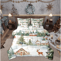 Manfei Winter Rustic Reindeer Twin Bedding Sets 7-Piece, Merry Christmas Bedding Comforter Set, Teens Boys Girls Kids Reversible Sheet Sets, Breathable Home Decor