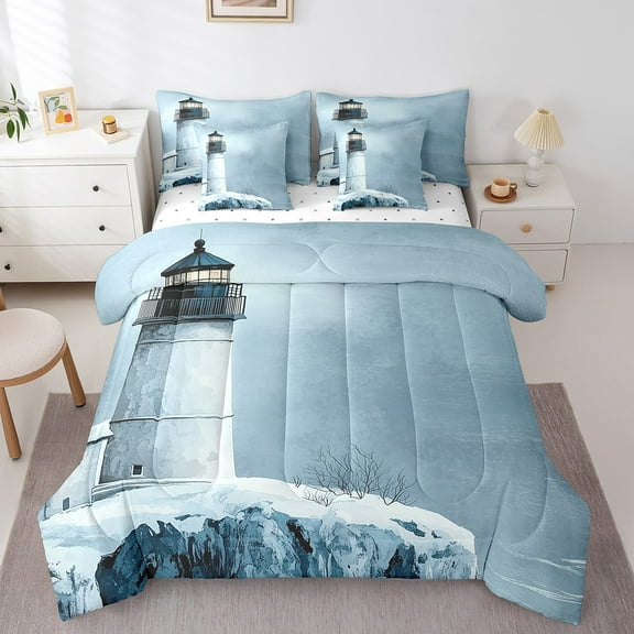 Manfei Winter Season Bedding Queen Size,Vintage Lighthouse Comforter Sets with Sheets,White Snow Bedding Sets Queen Size,Microfiber Bedroom Decoration,7pcs