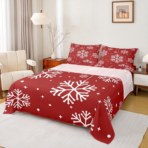Manfei Winter Snowflake Print Full Size Sheets for Kids, Western Vintage Festival Bed Sheets, Happy Christmas Sheet Sets, Ultra Soft Home Decor, 4 Pieces