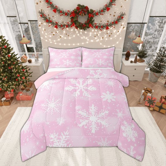Manfei Winter Snowflake Print Queen Comforter Set, Christmas Festival Bedding Comforter Set, Teens Boys Girls Kids Reversible Bedding Set, Breathable Home Decor, 3pcs