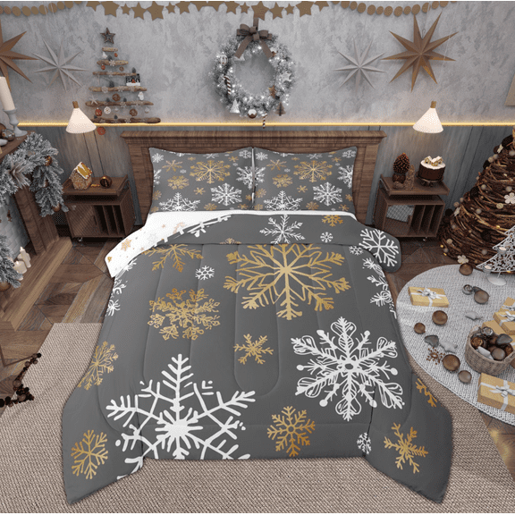 Manfei Winter Snowflake Print Queen Comforter Set for Kids, Western Vintage Festival Bedding Sets, Happy Christmas Reversible Bedding Comforter Set, Breathable Home Decor, 3 Pieces