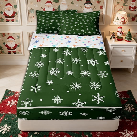 Manfei Winter Snowflake Zipper Queen Comforter Set with Fitted Sheet and 2 Pillowcases,Merry Christmas Zipper Bedding Set,Reversible