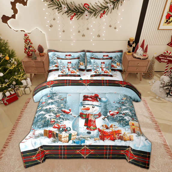 Manfei Winter Snowman Bedding Sets King Size, Christmas Gift Bed in a Bag King size, Red Green Plaid Reversible Comforter Sets with Sheets, Lightweight Room Decorative, 7 Pieces