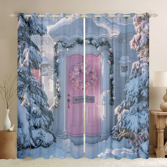 Manfei Winter Western Festival Black Out Curtains, Dreamy Blue Pink Christmas Curtains Pack of 2 (42x63 Each), Teens Boys Girls Kids Bedroom Curtains, Window Curtains Bedroom Decor